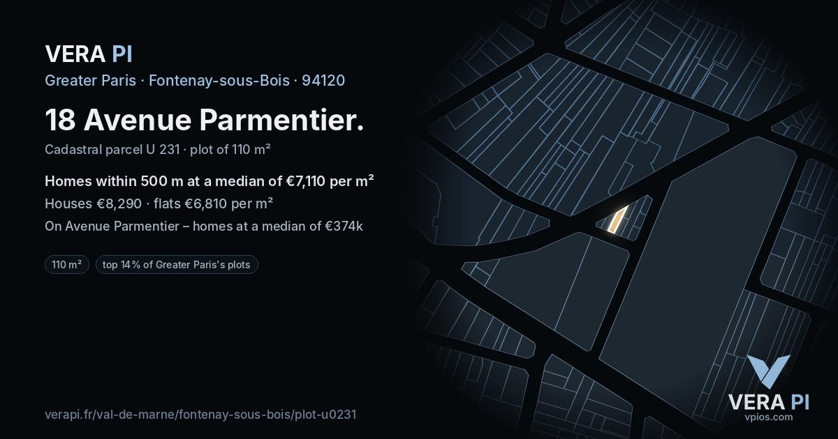 18 Avenue Parmentier, Fontenay-sous-Bois at night – the plot lit, the parcels around coloured by the prices near them