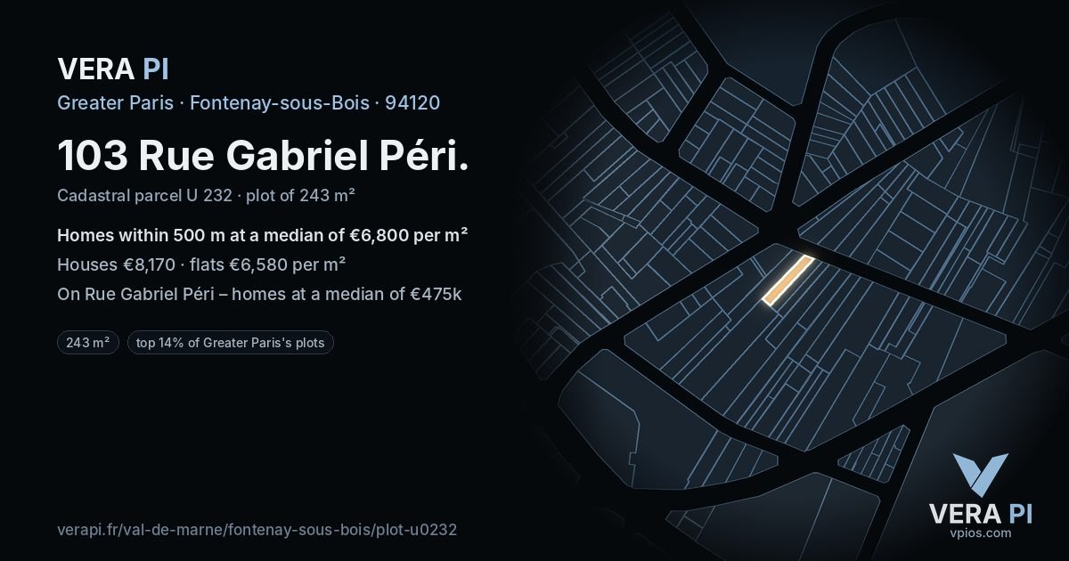 103 Rue Gabriel Péri, Fontenay-sous-Bois at night – the plot lit, the parcels around coloured by the prices near them