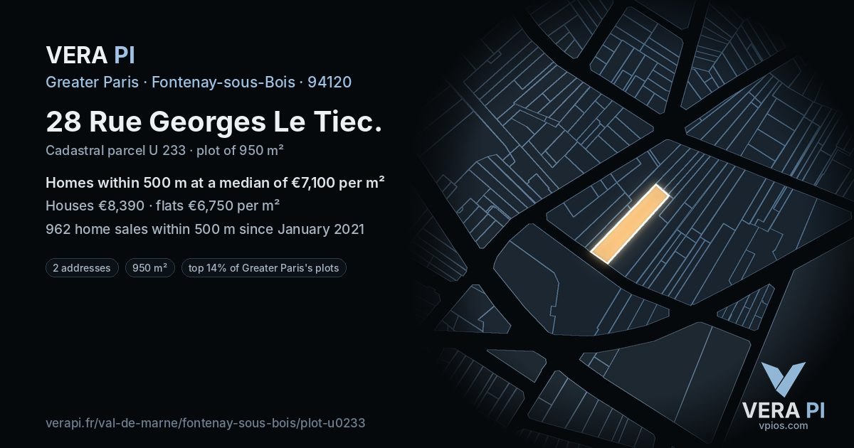 28 Rue Georges Le Tiec, Fontenay-sous-Bois at night – the plot lit, the parcels around coloured by the prices near them