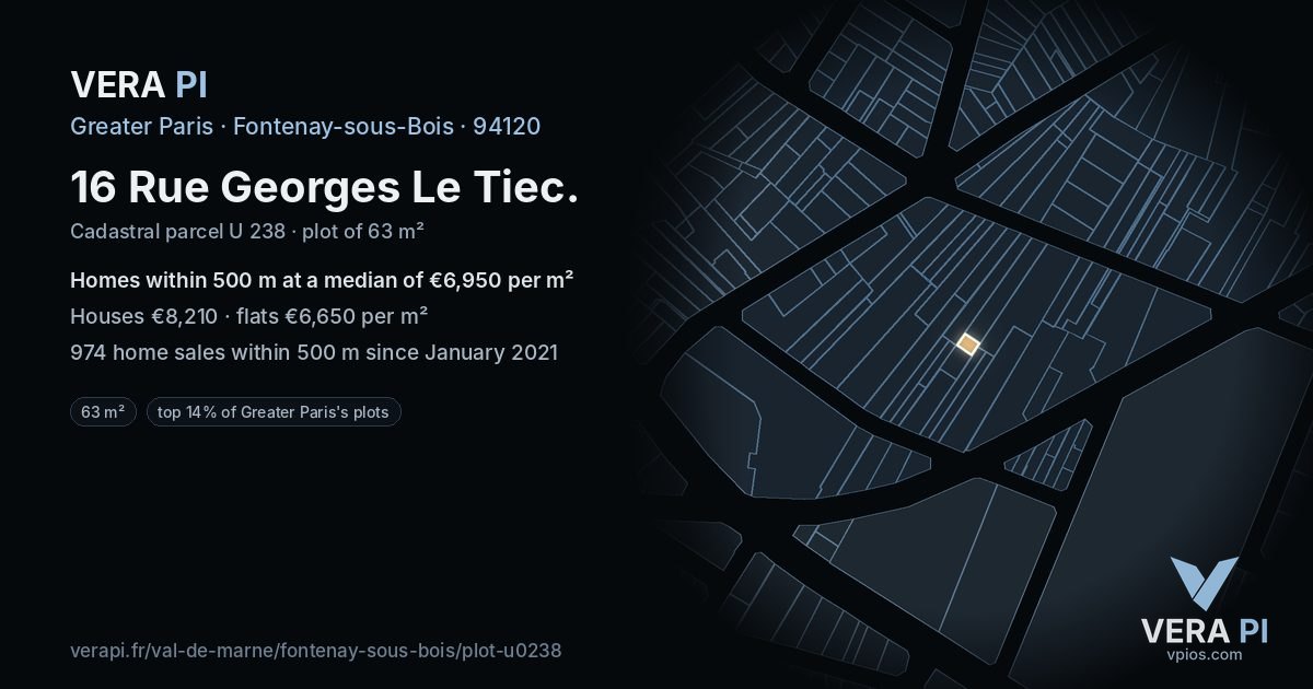 16 Rue Georges Le Tiec, Fontenay-sous-Bois at night – the plot lit, the parcels around coloured by the prices near them