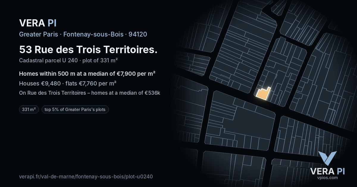 53 Rue des Trois Territoires, Fontenay-sous-Bois at night – the plot lit, the parcels around coloured by the prices near them