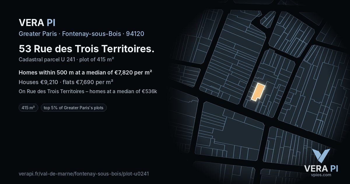 53 Rue des Trois Territoires, Fontenay-sous-Bois at night – the plot lit, the parcels around coloured by the prices near them