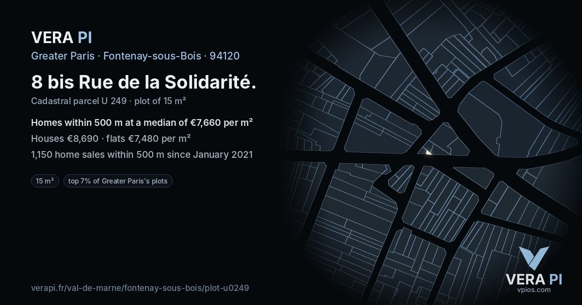 8 bis Rue de la Solidarité, Fontenay-sous-Bois at night – the plot lit, the parcels around coloured by the prices near them