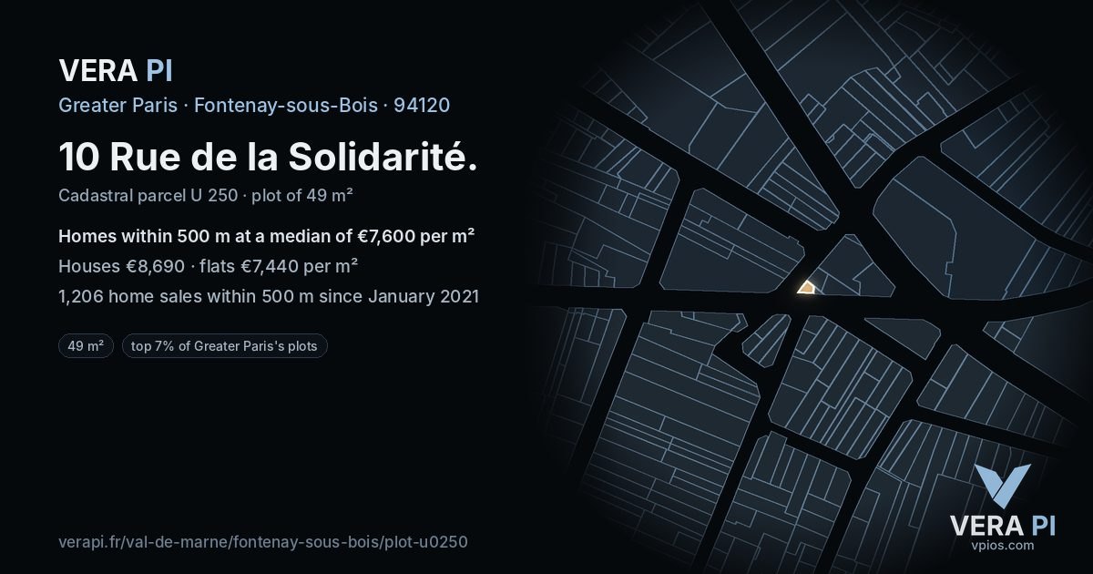 10 Rue de la Solidarité, Fontenay-sous-Bois at night – the plot lit, the parcels around coloured by the prices near them