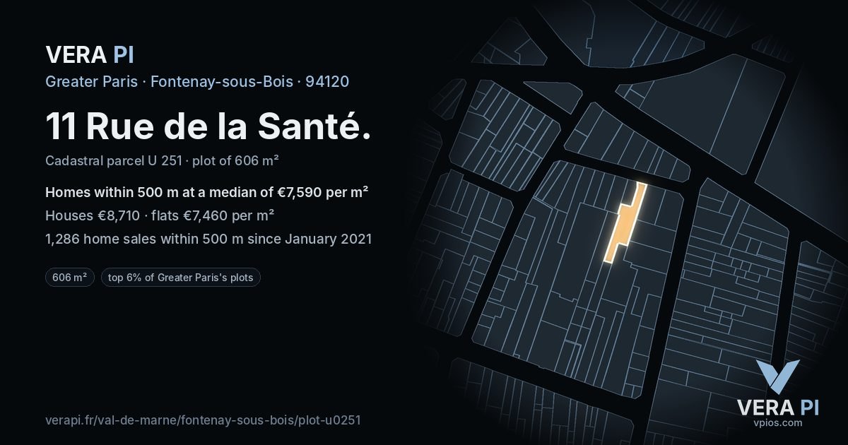 11 Rue de la Santé, Fontenay-sous-Bois at night – the plot lit, the parcels around coloured by the prices near them