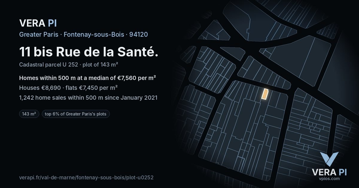 11 bis Rue de la Santé, Fontenay-sous-Bois at night – the plot lit, the parcels around coloured by the prices near them