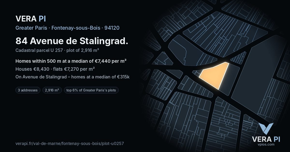 84 Avenue de Stalingrad, Fontenay-sous-Bois at night – the plot lit, the parcels around coloured by the prices near them