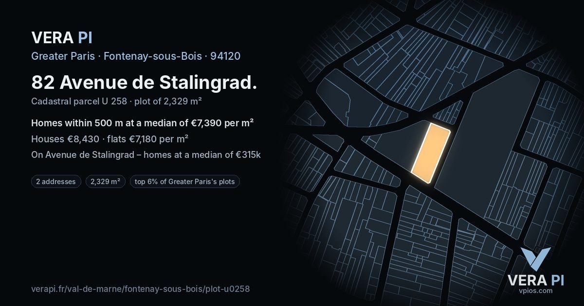 82 Avenue de Stalingrad, Fontenay-sous-Bois at night – the plot lit, the parcels around coloured by the prices near them