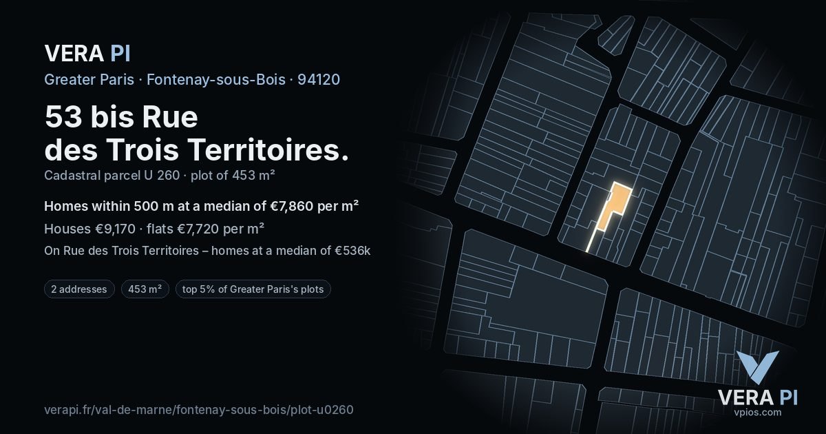 53 bis Rue des Trois Territoires, Fontenay-sous-Bois at night – the plot lit, the parcels around coloured by the prices near them