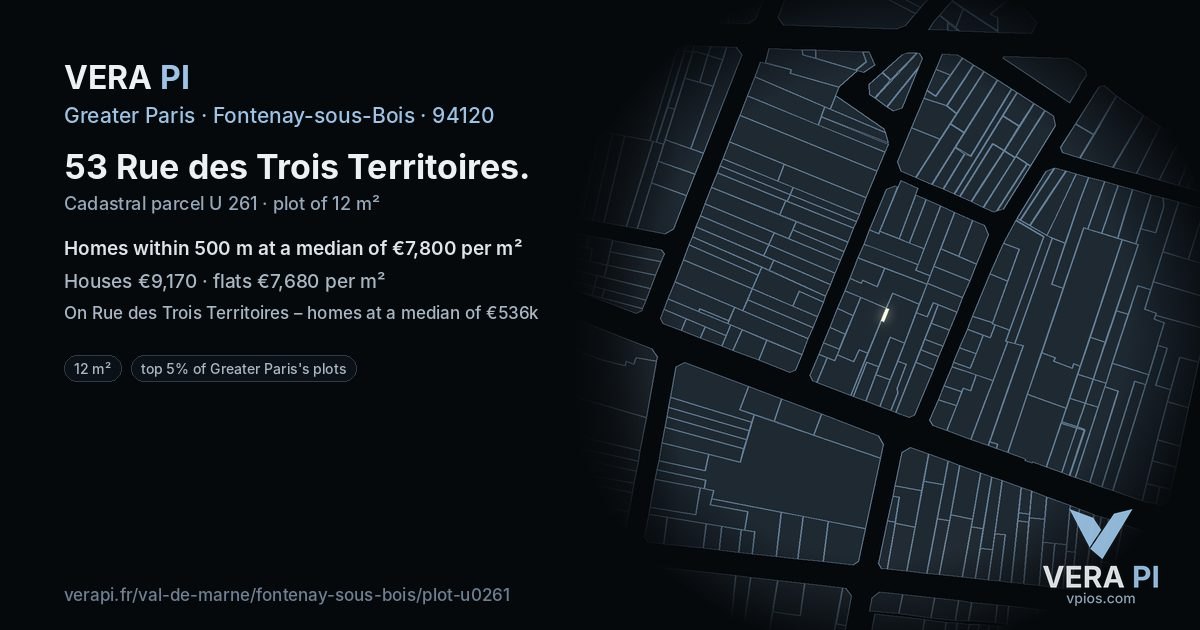 53 Rue des Trois Territoires, Fontenay-sous-Bois at night – the plot lit, the parcels around coloured by the prices near them