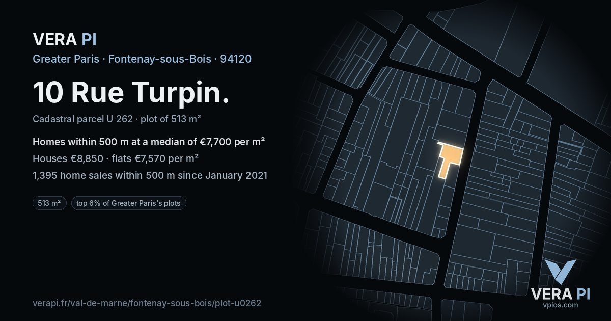 10 Rue Turpin, Fontenay-sous-Bois at night – the plot lit, the parcels around coloured by the prices near them