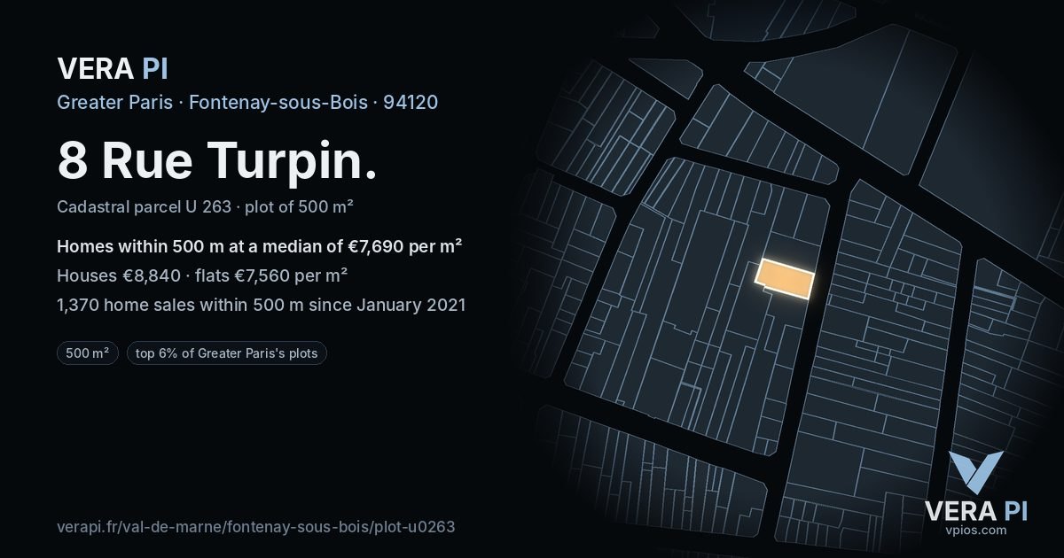 8 Rue Turpin, Fontenay-sous-Bois at night – the plot lit, the parcels around coloured by the prices near them
