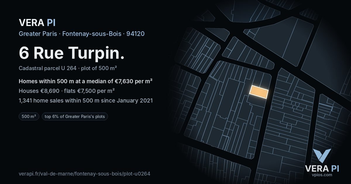6 Rue Turpin, Fontenay-sous-Bois at night – the plot lit, the parcels around coloured by the prices near them