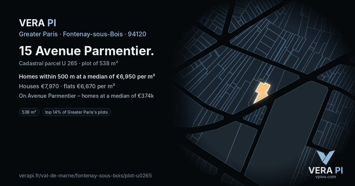 15 Avenue Parmentier, Fontenay-sous-Bois at night – the plot lit, the parcels around coloured by the prices near them