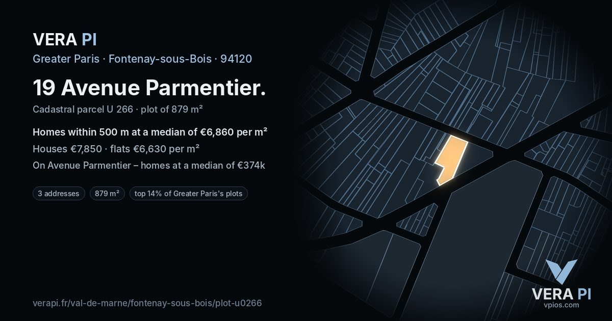 19 Avenue Parmentier, Fontenay-sous-Bois at night – the plot lit, the parcels around coloured by the prices near them