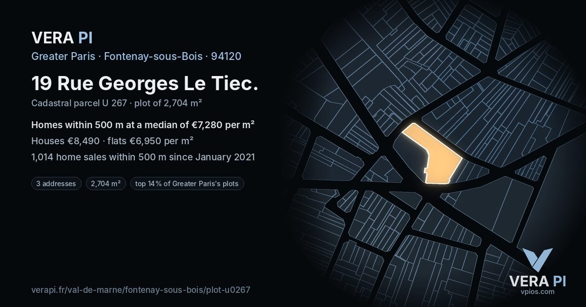 19 Rue Georges Le Tiec, Fontenay-sous-Bois at night – the plot lit, the parcels around coloured by the prices near them
