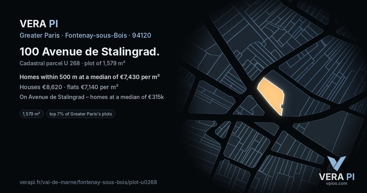 100 Avenue de Stalingrad, Fontenay-sous-Bois at night – the plot lit, the parcels around coloured by the prices near them