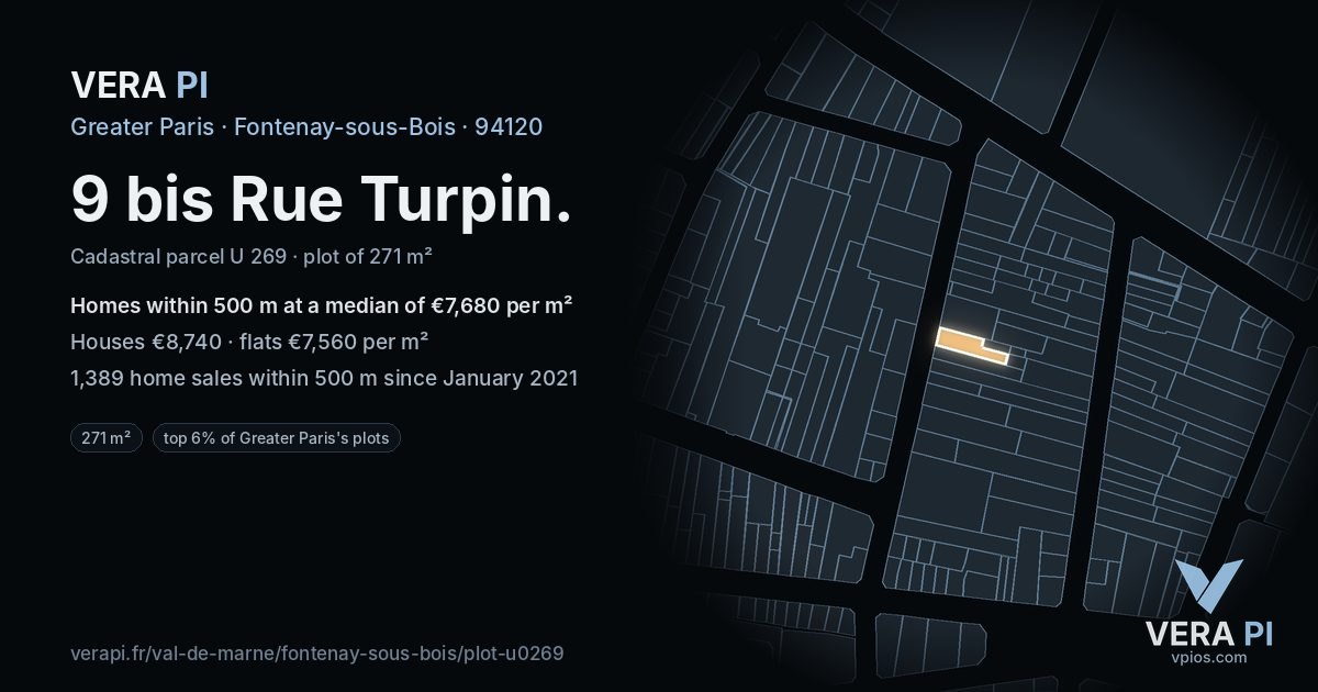 9 bis Rue Turpin, Fontenay-sous-Bois at night – the plot lit, the parcels around coloured by the prices near them