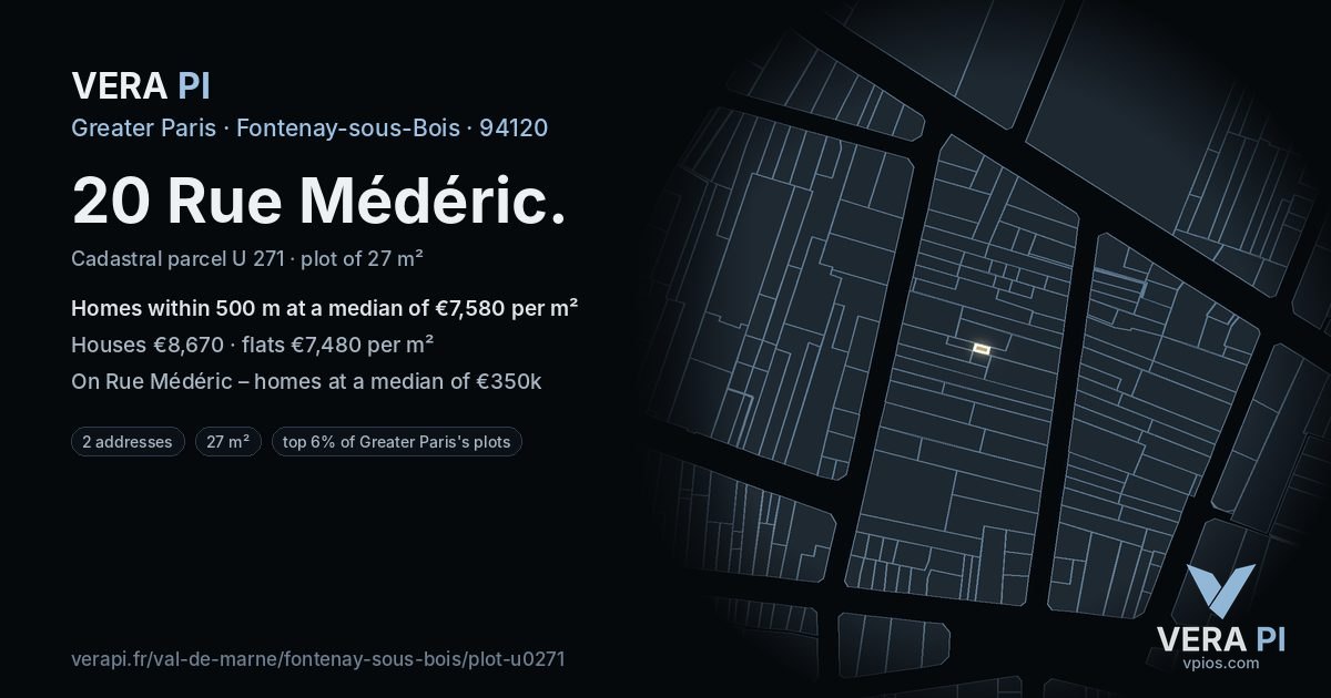 20 Rue Médéric, Fontenay-sous-Bois at night – the plot lit, the parcels around coloured by the prices near them