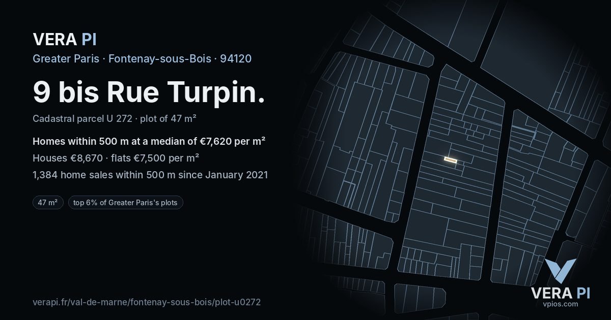9 bis Rue Turpin, Fontenay-sous-Bois at night – the plot lit, the parcels around coloured by the prices near them
