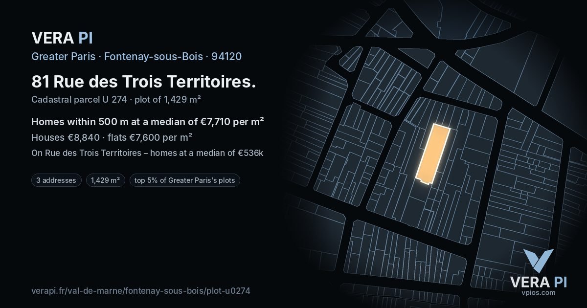 81 Rue des Trois Territoires, Fontenay-sous-Bois at night – the plot lit, the parcels around coloured by the prices near them