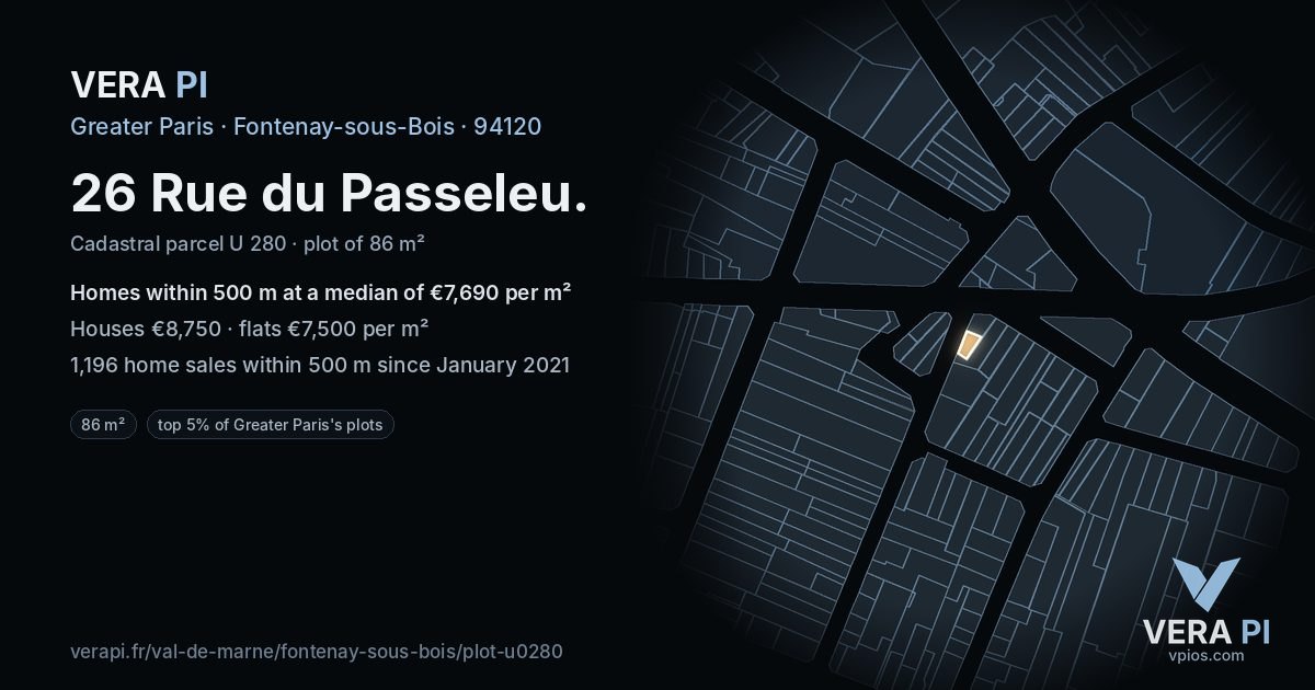 26 Rue du Passeleu, Fontenay-sous-Bois at night – the plot lit, the parcels around coloured by the prices near them