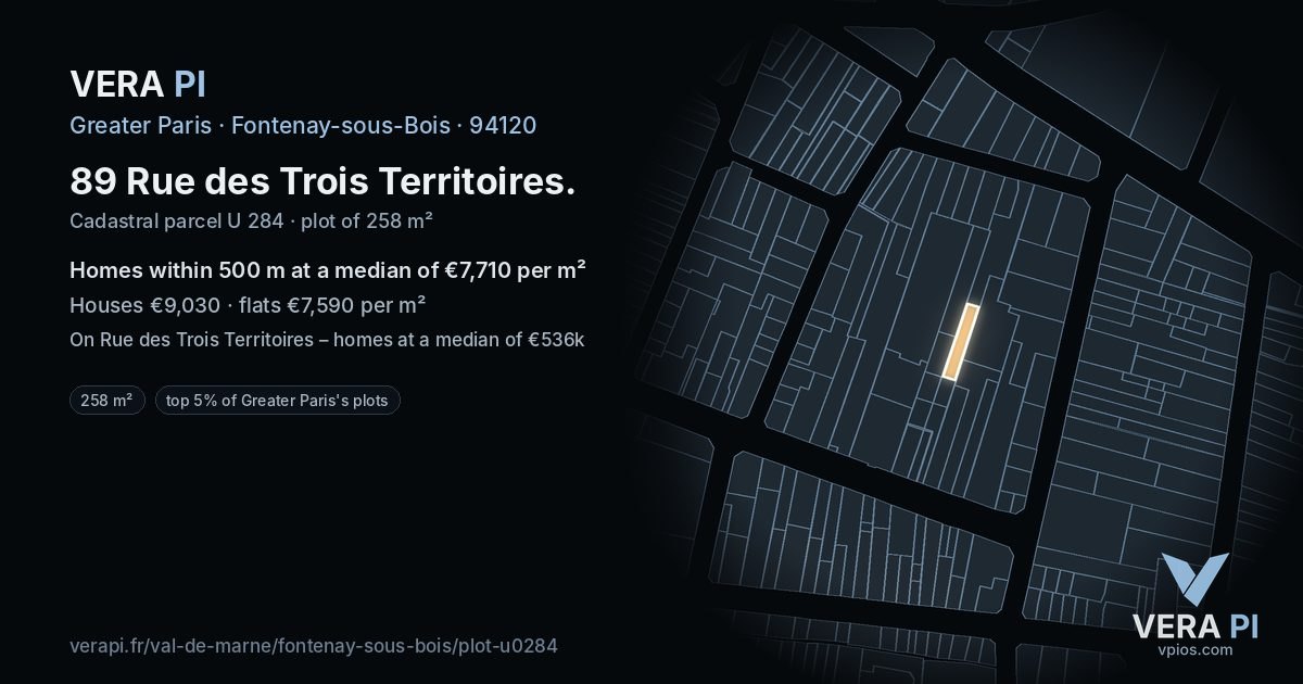 89 Rue des Trois Territoires, Fontenay-sous-Bois at night – the plot lit, the parcels around coloured by the prices near them