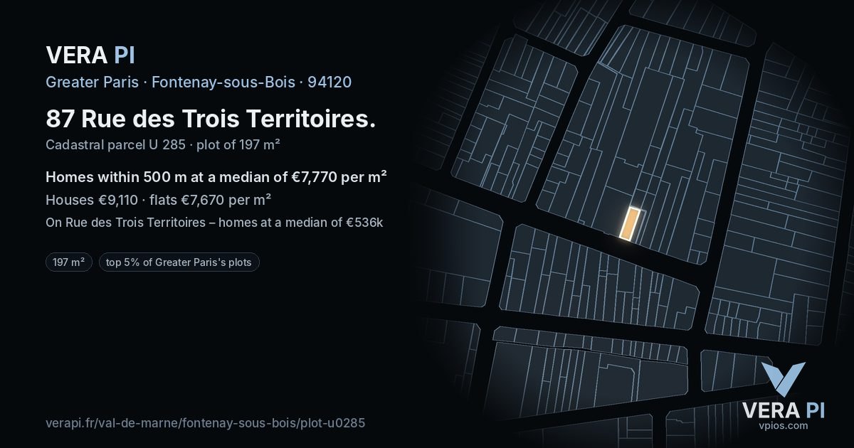 87 Rue des Trois Territoires, Fontenay-sous-Bois at night – the plot lit, the parcels around coloured by the prices near them