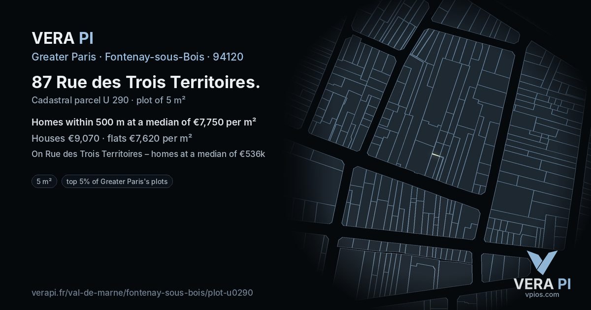 87 Rue des Trois Territoires, Fontenay-sous-Bois at night – the plot lit, the parcels around coloured by the prices near them