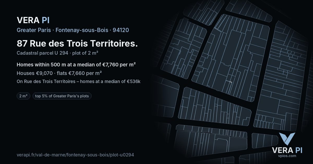 87 Rue des Trois Territoires, Fontenay-sous-Bois at night – the plot lit, the parcels around coloured by the prices near them