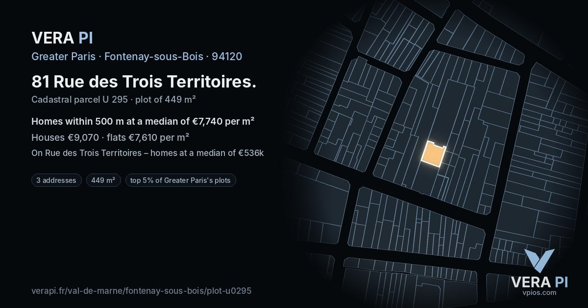 81 Rue des Trois Territoires, Fontenay-sous-Bois at night – the plot lit, the parcels around coloured by the prices near them
