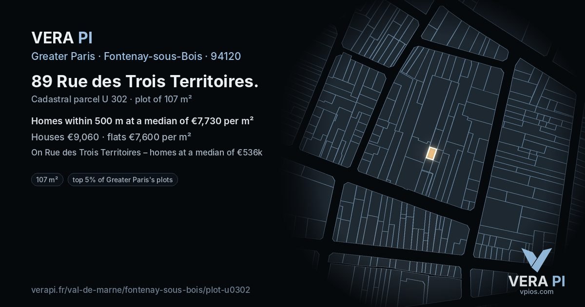 89 Rue des Trois Territoires, Fontenay-sous-Bois at night – the plot lit, the parcels around coloured by the prices near them