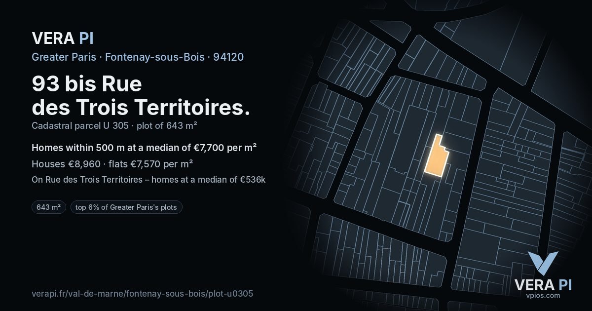 93 bis Rue des Trois Territoires, Fontenay-sous-Bois at night – the plot lit, the parcels around coloured by the prices near them