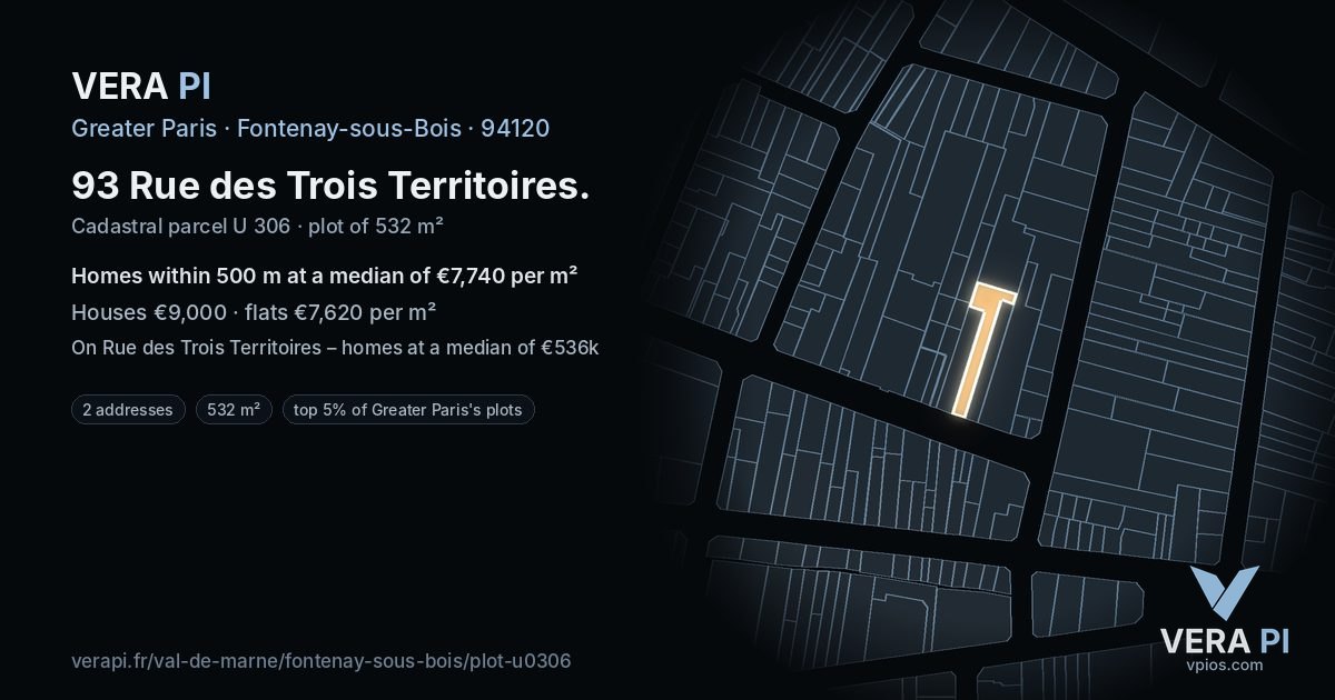 93 Rue des Trois Territoires, Fontenay-sous-Bois at night – the plot lit, the parcels around coloured by the prices near them