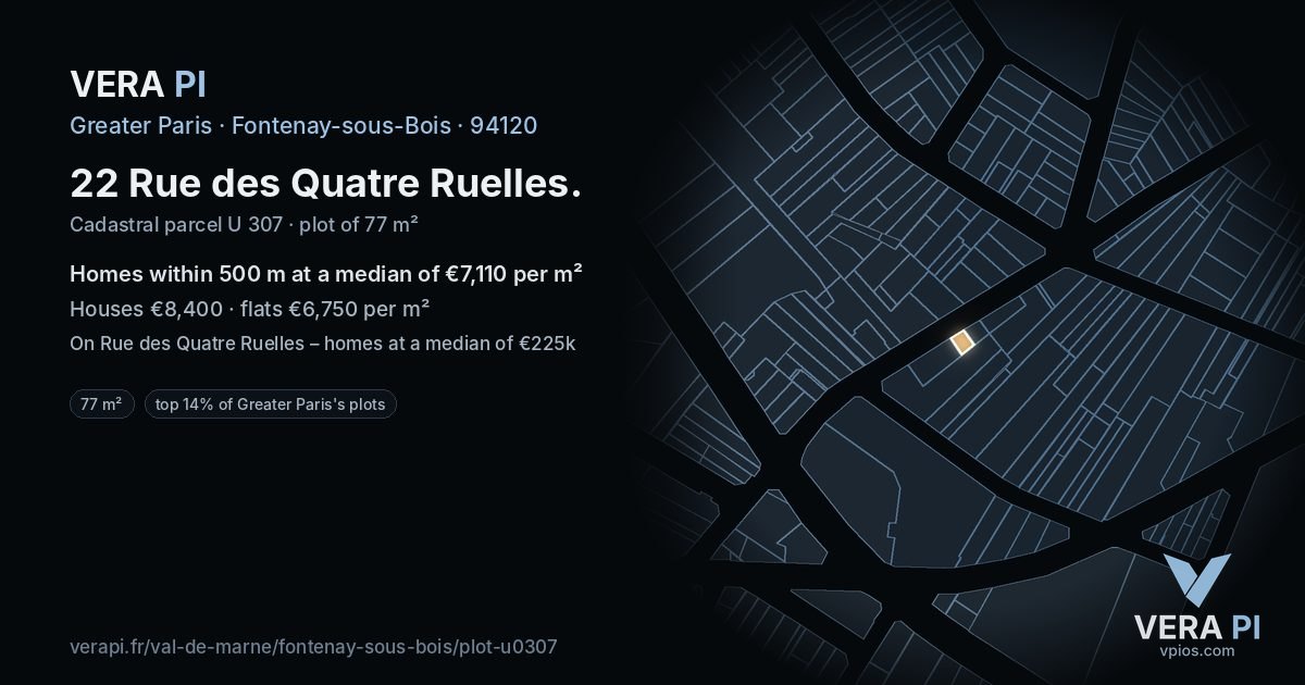 22 Rue des Quatre Ruelles, Fontenay-sous-Bois at night – the plot lit, the parcels around coloured by the prices near them