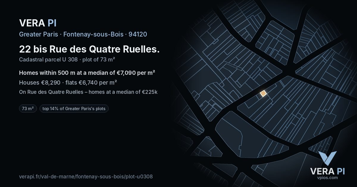 22 bis Rue des Quatre Ruelles, Fontenay-sous-Bois at night – the plot lit, the parcels around coloured by the prices near them