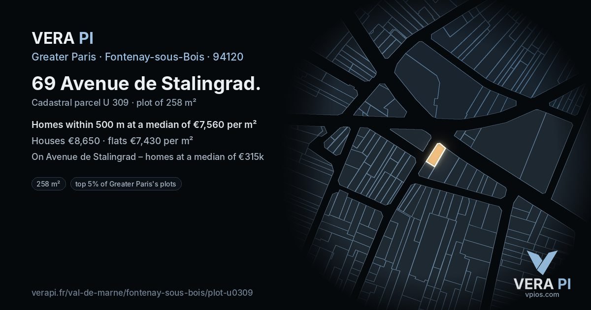 69 Avenue de Stalingrad, Fontenay-sous-Bois at night – the plot lit, the parcels around coloured by the prices near them