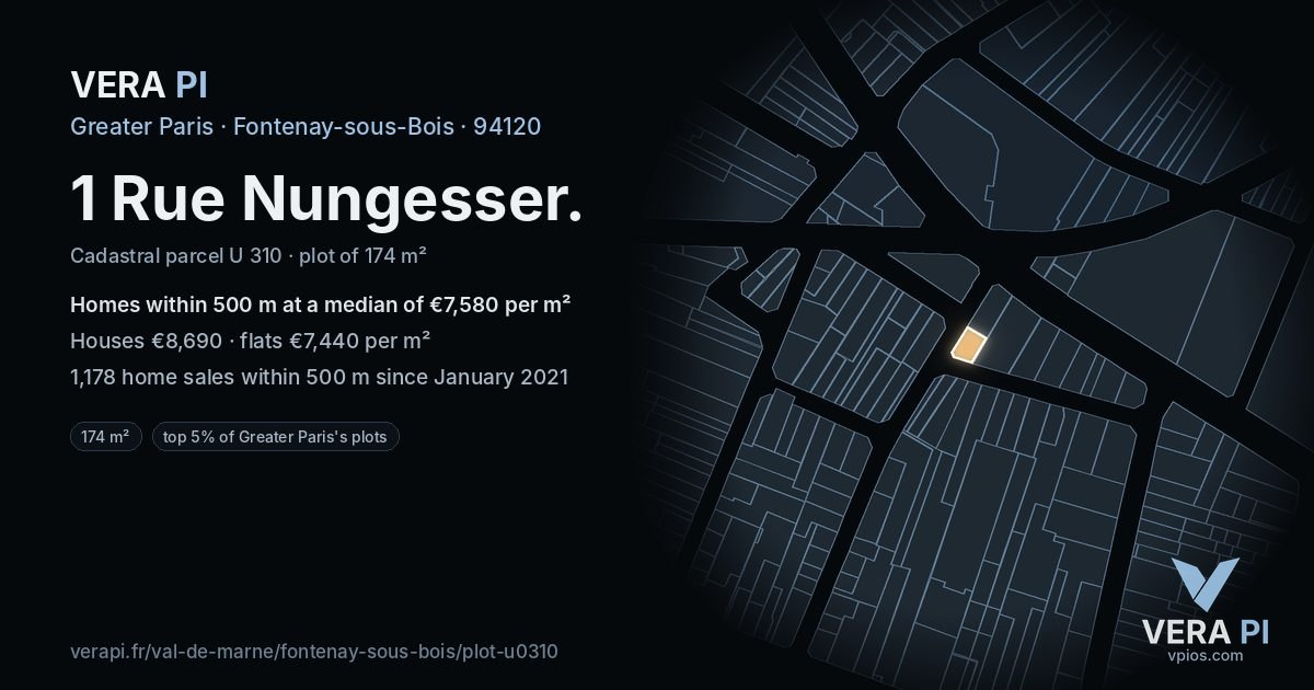1 Rue Nungesser, Fontenay-sous-Bois at night – the plot lit, the parcels around coloured by the prices near them