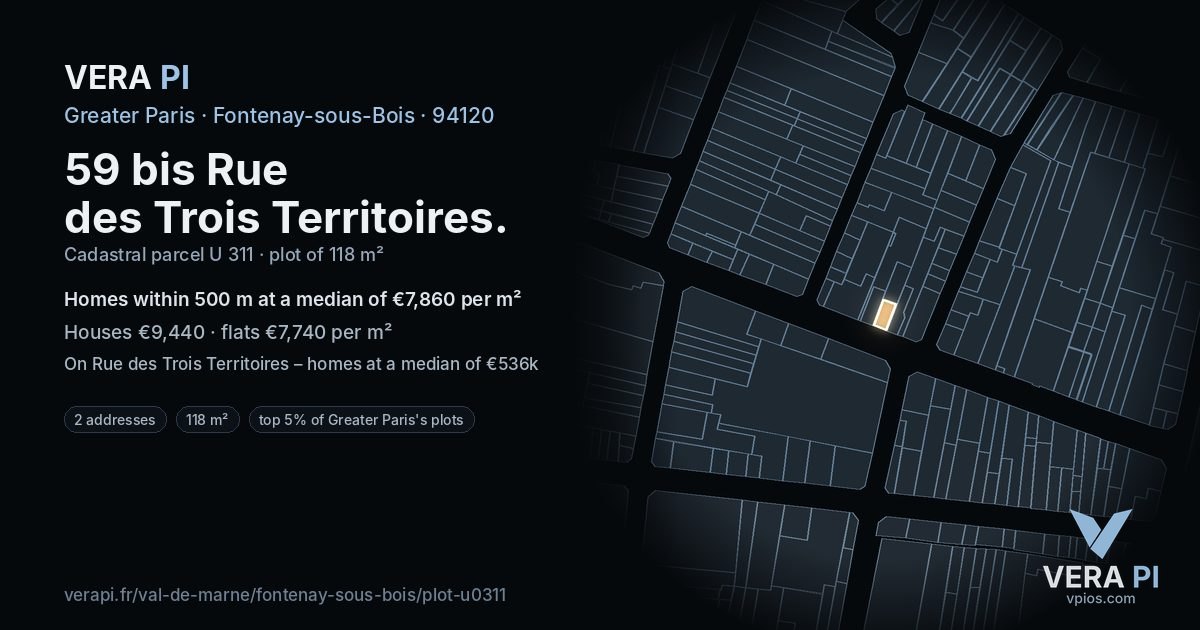 59 bis Rue des Trois Territoires, Fontenay-sous-Bois at night – the plot lit, the parcels around coloured by the prices near them