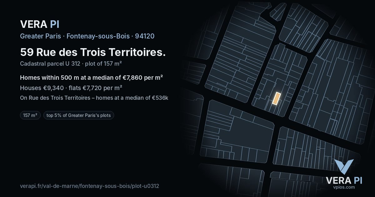 59 Rue des Trois Territoires, Fontenay-sous-Bois at night – the plot lit, the parcels around coloured by the prices near them