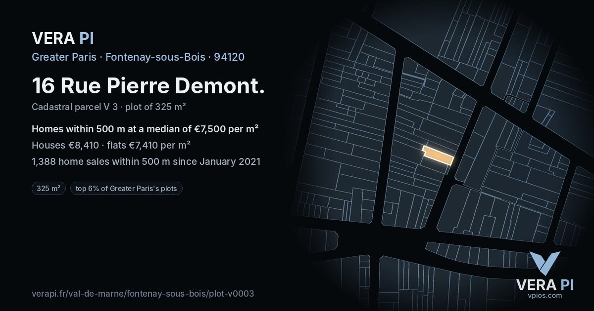 16 Rue Pierre Demont, Fontenay-sous-Bois at night – the plot lit, the parcels around coloured by the prices near them