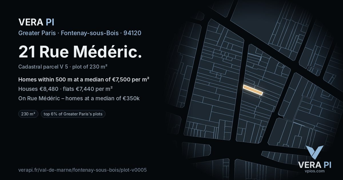 21 Rue Médéric, Fontenay-sous-Bois at night – the plot lit, the parcels around coloured by the prices near them