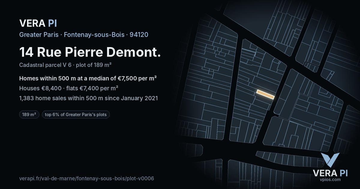 14 Rue Pierre Demont, Fontenay-sous-Bois at night – the plot lit, the parcels around coloured by the prices near them
