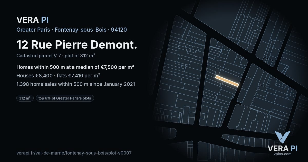 12 Rue Pierre Demont, Fontenay-sous-Bois at night – the plot lit, the parcels around coloured by the prices near them