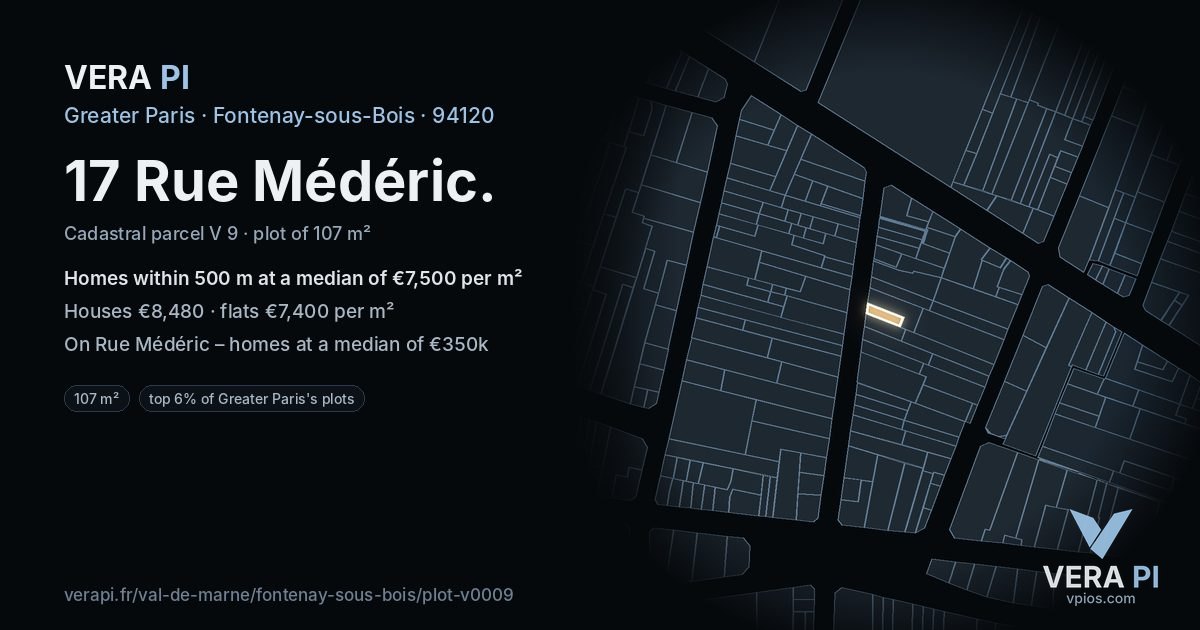 17 Rue Médéric, Fontenay-sous-Bois at night – the plot lit, the parcels around coloured by the prices near them