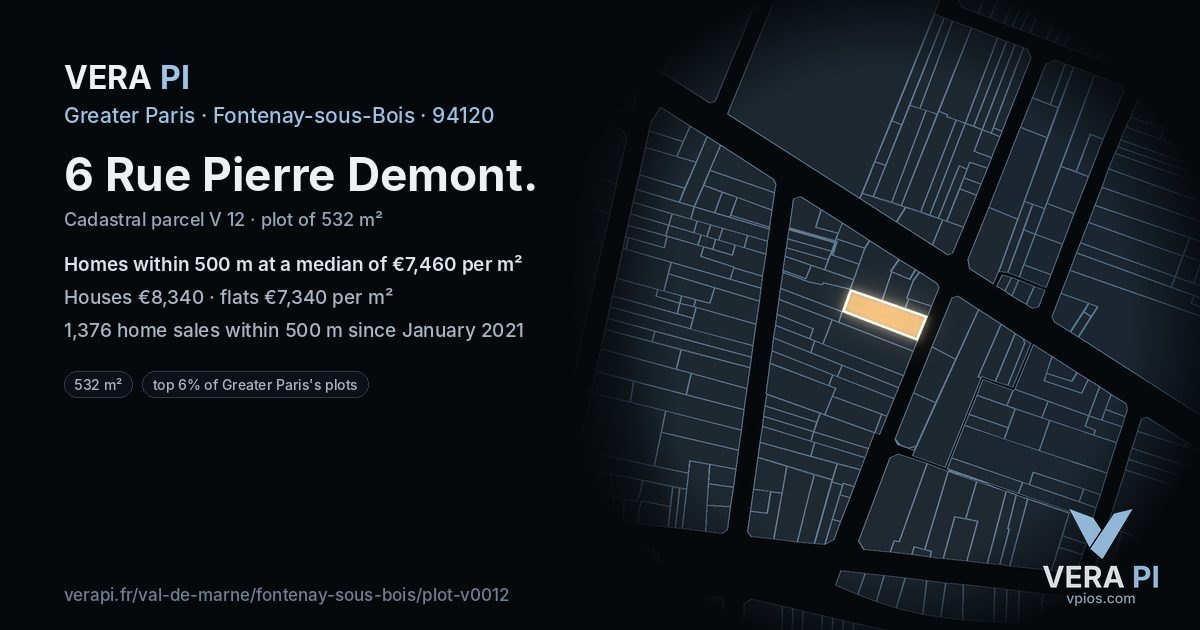 6 Rue Pierre Demont, Fontenay-sous-Bois at night – the plot lit, the parcels around coloured by the prices near them