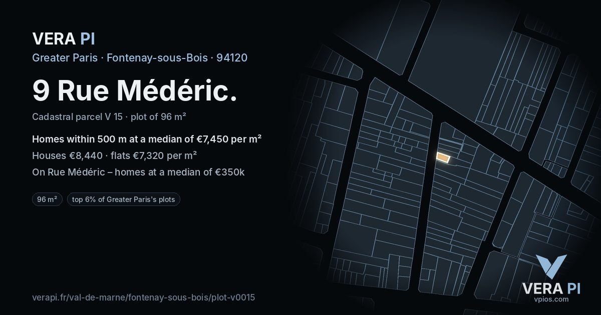 9 Rue Médéric, Fontenay-sous-Bois at night – the plot lit, the parcels around coloured by the prices near them