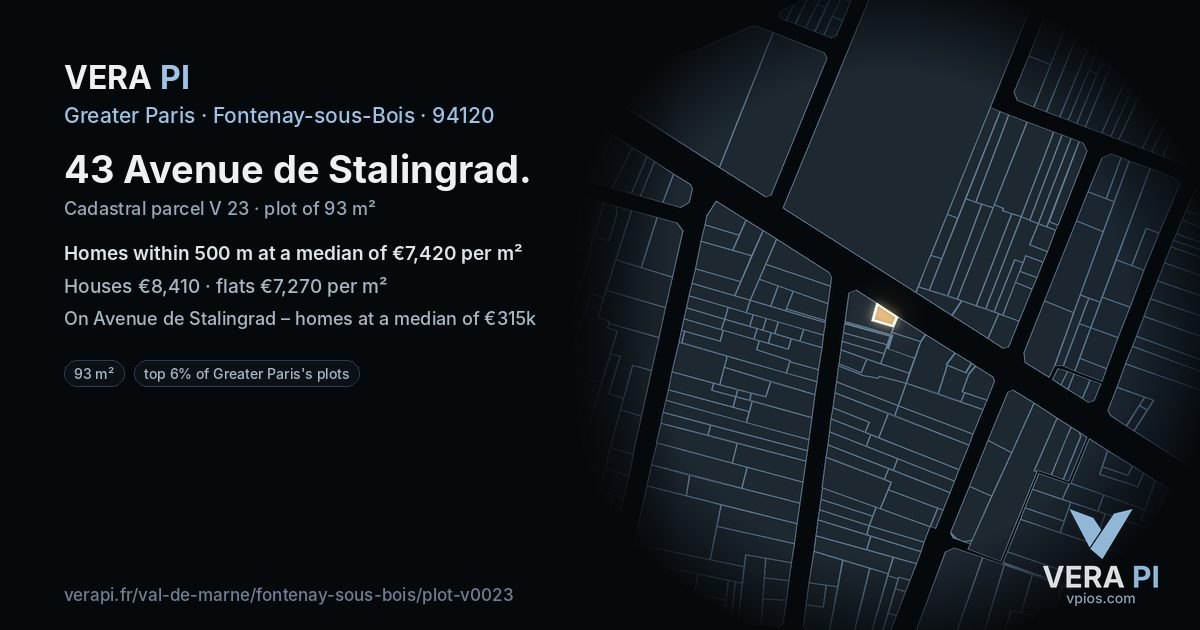43 Avenue de Stalingrad, Fontenay-sous-Bois at night – the plot lit, the parcels around coloured by the prices near them