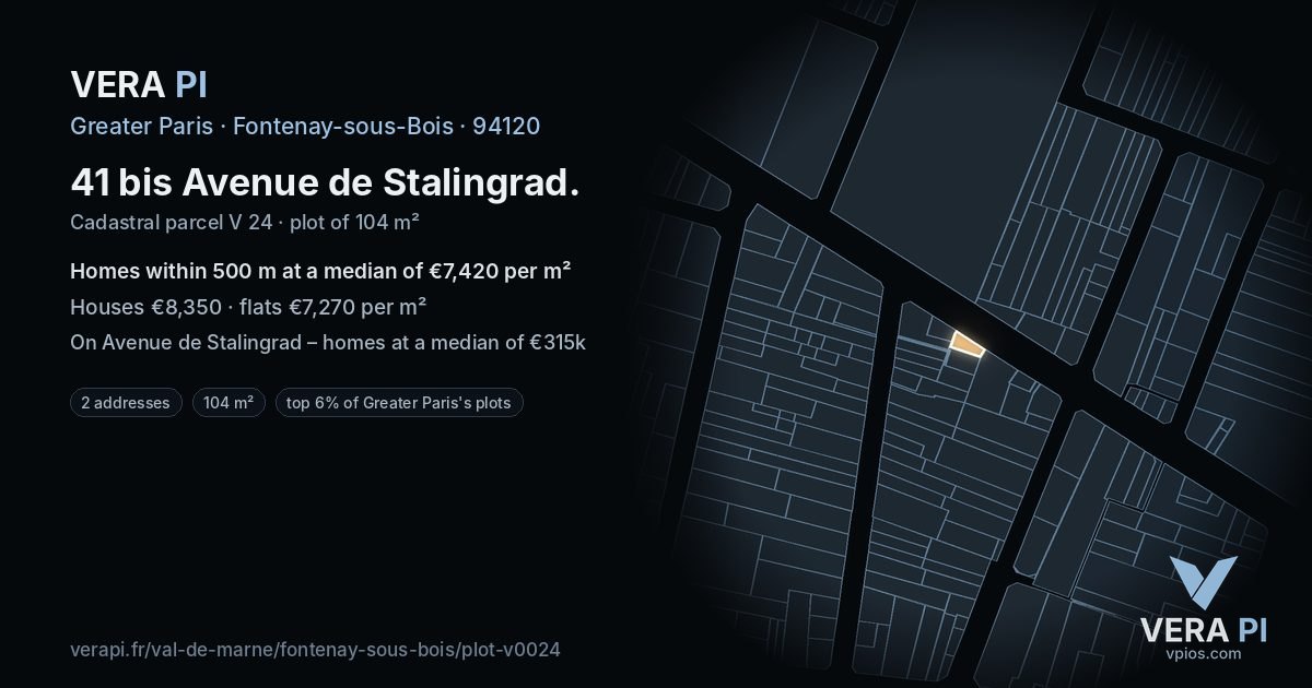 41 bis Avenue de Stalingrad, Fontenay-sous-Bois at night – the plot lit, the parcels around coloured by the prices near them