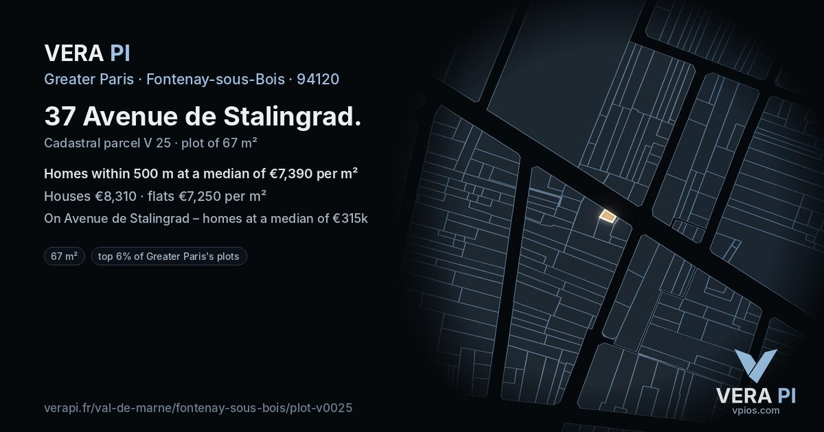 37 Avenue de Stalingrad, Fontenay-sous-Bois at night – the plot lit, the parcels around coloured by the prices near them